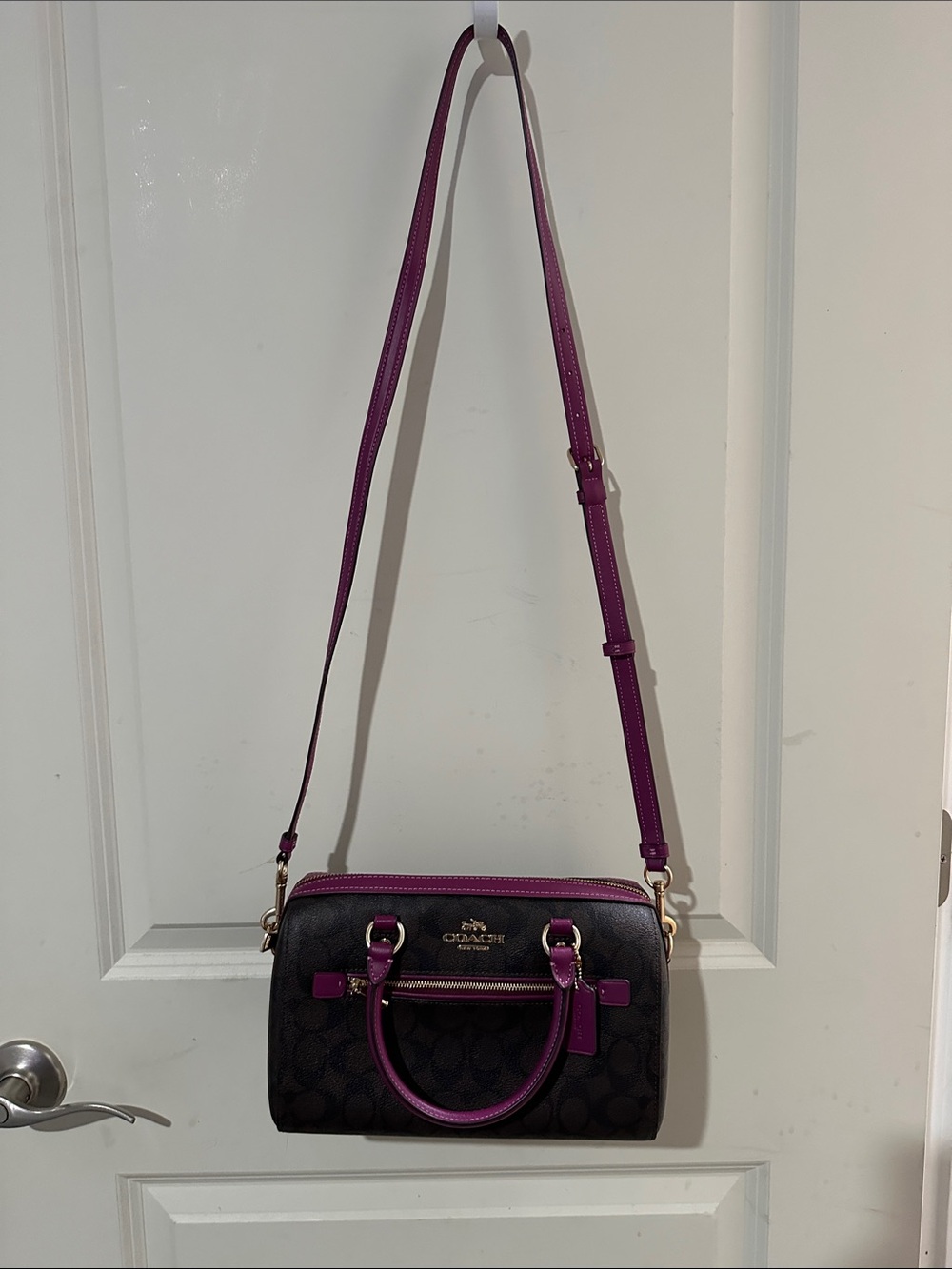 Coach Black Signature Crossbody with Purple Trim and Strap